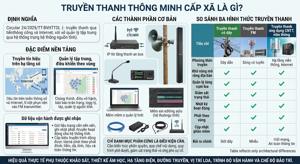 Đồ họa thông tin trình bày định nghĩa "Truyền thanh thông minh cấp xã" theo Thông tư 24/2025/TT-BVHTTDL. Bên trái là 3 đặc điểm nền tảng: Truyền tín hiệu trên hạ tầng số (Internet/LTE), Quản lý tập trung/điều khiển theo vùng, và Dữ liệu vận hành được ghi nhận. Bên phải là hình ảnh các thành phần cơ bản: cụm thu phát IP, loa nén, micro, laptop quản lý, cáp mạng, kèm theo cảnh báo: "Danh mục phần cứng chỉ là điều kiện cần. Cần kiến trúc phân quyền, giám sát trạng thái và ứng phó sự cố." Chân trang: Hiệu quả thực tế phụ thuộc khảo sát, thiết kế, hạ tầng, vị trí loa, trình độ vận hành và bảo trì.