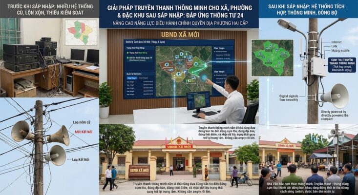Hình ảnh tả thực (realistic) chia bố cục đối lập giữa hệ thống truyền thanh cũ và mới. Bên trái (Trước khi sáp nhập) hiển thị phòng máy analog cũ kỹ, lộn xộn với nhiều amply cồng kềnh xếp chồng và cột điện treo loa nén bị đứt dây (mất kết nối). Ở trung tâm và bên phải (Sau khi sáp nhập) là giải pháp thông minh tại UBND Xã Mới: một cán bộ đang thao tác trên màn hình điều khiển lớn hiển thị bản đồ số, quản lý từng cụm loa; bên ngoài là cột điện gắn "Cụm thu truyền thanh thông minh" nhỏ gọn, nhận tín hiệu qua Internet/LAN/Mobile và cấp công suất trực tiếp cho loa kèn, không cần amply rời. Thông điệp nhấn mạnh việc đưa bản tin đến đúng cụm thu và quản lý trạng thái hai chiều.