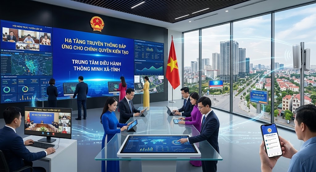 Hình ảnh tả thực một trung tâm điều hành thông minh của chính quyền địa phương. Bên trong phòng chỉ huy, các cán bộ đang làm việc trên hệ thống màn hình lớn hiển thị dữ liệu bản đồ số GIS và tham gia họp trực tuyến. Từ trung tâm, các luồng kết nối (mô phỏng bằng dải ánh sáng số) truyền tín hiệu xuyên suốt ra không gian bên ngoài tới cụm loa truyền thanh thông minh trên phố, bảng tin điện tử công cộng và ứng dụng trên điện thoại thông minh của người dân. Quốc kỳ Việt Nam được đặt trang trọng trong phòng điều hành.