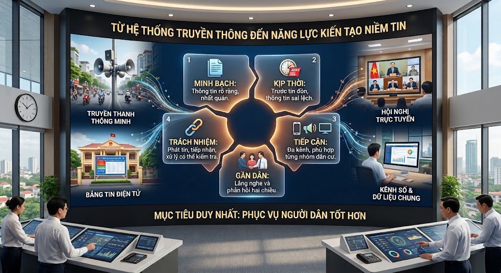 Hình ảnh tả thực một trung tâm điều hành hiện đại với màn hình cong cỡ lớn. Trên màn hình hiển thị sơ đồ 5 giá trị cốt lõi của hạ tầng truyền thông: Minh bạch, Kịp thời, Tiếp cận, Trách nhiệm và Gần dân. Xung quanh là các hình ảnh minh họa hệ sinh thái truyền thông bổ trợ: truyền thanh thông minh, bảng tin điện tử, hội nghị trực tuyến và kênh số. Bên dưới màn hình là dòng thông điệp lớn "Mục tiêu duy nhất: Phục vụ người dân tốt hơn", phía trước là các cán bộ đang tập trung vận hành hệ thống tại bàn điều khiển.