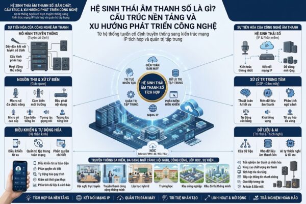 Infographic minh họa toàn diện kiến trúc của hệ sinh thái âm thanh số. Ở giữa là hạt nhân điều hành trung tâm kết nối mạng IP, phần mềm điều khiển, điện toán đám mây và AI. Các khối xung quanh phân tích sự tiến hóa từ hệ thống analog truyền thống sang kiến trúc số, bao gồm các lớp: nguồn thu biên (giác quan), xử lý trung tâm (cơ thể), điều khiển tự động hóa (hệ thần kinh) và dữ liệu (trí nhớ). Phía dưới là các mô hình ứng dụng đa không gian như hội nghị trực tuyến, trường học và khu đô thị thông minh.