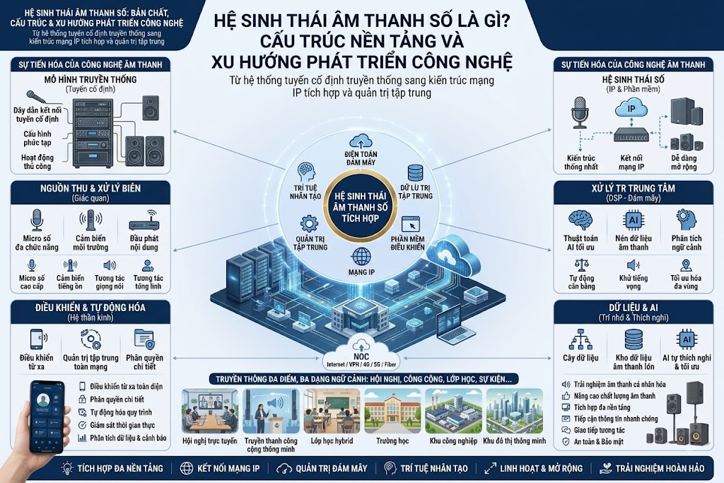 Infographic minh họa toàn diện kiến trúc của hệ sinh thái âm thanh số. Ở giữa là hạt nhân điều hành trung tâm kết nối mạng IP, phần mềm điều khiển, điện toán đám mây và AI. Các khối xung quanh phân tích sự tiến hóa từ hệ thống analog truyền thống sang kiến trúc số, bao gồm các lớp: nguồn thu biên (giác quan), xử lý trung tâm (cơ thể), điều khiển tự động hóa (hệ thần kinh) và dữ liệu (trí nhớ). Phía dưới là các mô hình ứng dụng đa không gian như hội nghị trực tuyến, trường học và khu đô thị thông minh.