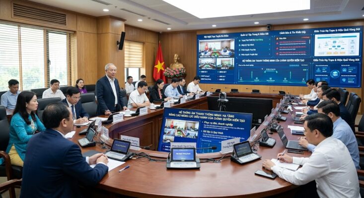 Hình ảnh chân thực về một phiên họp tại phòng điều hành chính quyền hiện đại. Các đại biểu đang làm việc tại bàn họp được trang bị hệ thống micro hội nghị thông minh tích hợp màn hình tương tác. Phía sau là màn hình ghép lớn hiển thị giao diện quản lý thiết bị tập trung, hội nghị trực tuyến đa điểm và cảnh báo tin khẩn cấp. Bối cảnh không gian chuyên nghiệp, nghiêm túc, thể hiện rõ sự chuyển đổi từ quản lý hành chính truyền thống sang điều hành bằng dữ liệu số.