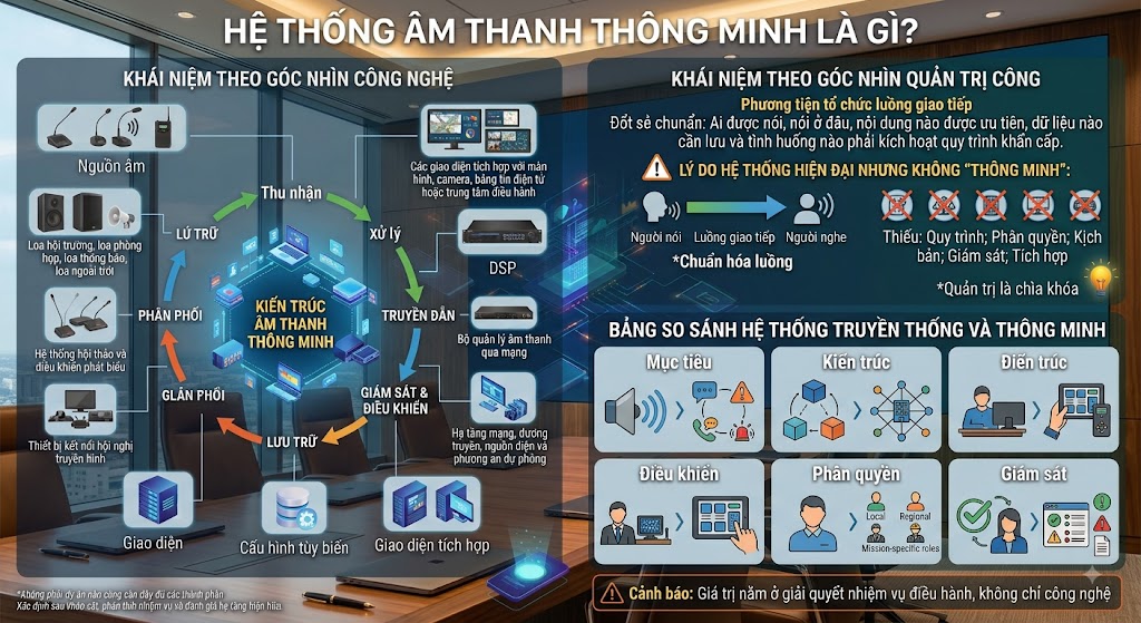 Bảng thông tin đồ họa đặt trên bối cảnh phòng họp hiện đại, giải thích định nghĩa "Hệ thống âm thanh thông minh" theo 2 góc nhìn: Công nghệ (luồng thu nhận, xử lý, phân phối tín hiệu số) và Quản trị công (phân quyền, giám sát, tích hợp quy trình). Hình ảnh bao gồm các biểu tượng so sánh trực quan sự khác biệt giữa hệ thống âm thanh truyền thống và hệ thống thông minh.