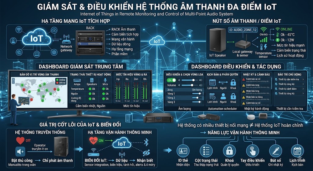 Đồ họa trực quan mô phỏng kiến trúc hệ thống âm thanh IoT. Hình nền là giao diện bản đồ điều khiển trung tâm (dashboard) số hóa với các điểm sáng kết nối. Trọng tâm là hình ảnh thiết bị thực tế: loa thông minh, bộ khuếch đại, cảm biến và tủ rack trung tâm được liên kết qua hạ tầng mạng. Các biểu tượng trạng thái trực quan (online/offline, nhiệt độ, mức tín hiệu, cảnh báo bảo trì) thể hiện luồng dữ liệu truyền tải theo thời gian thực. Không có văn bản giải thích dài dòng.