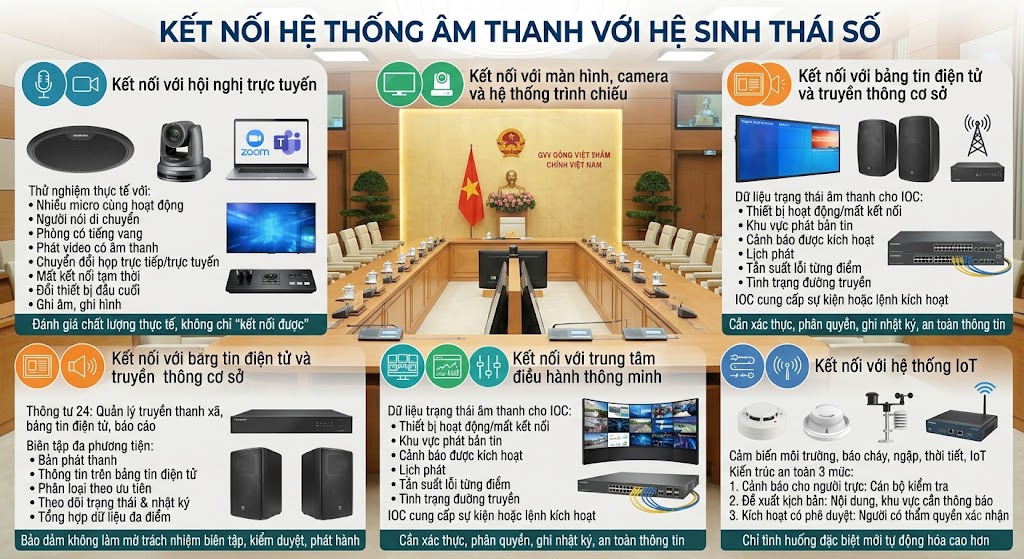Bảng thông tin đồ họa trình bày trên bối cảnh phòng họp Ủy ban nhân dân thực tế. Hình ảnh chi tiết hóa 5 hạng mục kết nối cốt lõi: Kết nối hội nghị trực tuyến; Kết nối màn hình, camera; Kết nối bảng tin điện tử và truyền thông cơ sở; Kết nối trung tâm điều hành thông minh (IOC); và Kết nối hệ thống IoT. Mỗi hạng mục đều sử dụng hình ảnh thiết bị vật lý chân thực như micro, camera PTZ, switch mạng, thiết bị truyền thanh và cảm biến môi trường.