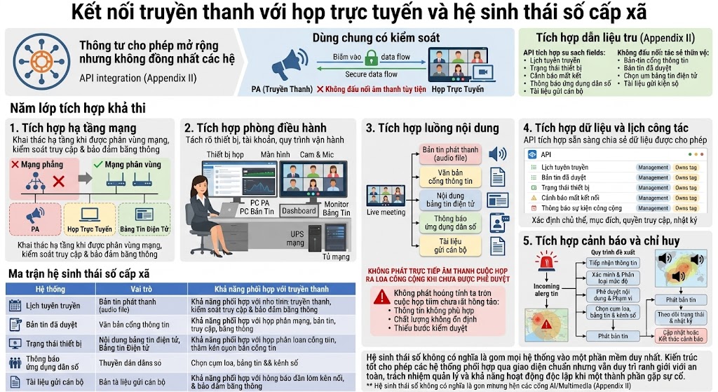 Đồ họa thông tin chi tiết minh họa 5 lớp tích hợp giữa hệ thống truyền thanh và hệ sinh thái số cấp xã: 1. Hạ tầng mạng; 2. Phòng điều hành; 3. Luồng nội dung; 4. Dữ liệu & lịch công tác; 5. Cảnh báo và chỉ huy. Phía dưới là ma trận phối hợp các hệ thống như bảng tin điện tử, cổng thông tin và ứng dụng công dân, nhấn mạnh nguyên tắc "dùng chung có kiểm soát" theo Phụ lục II của Thông tư 24.
