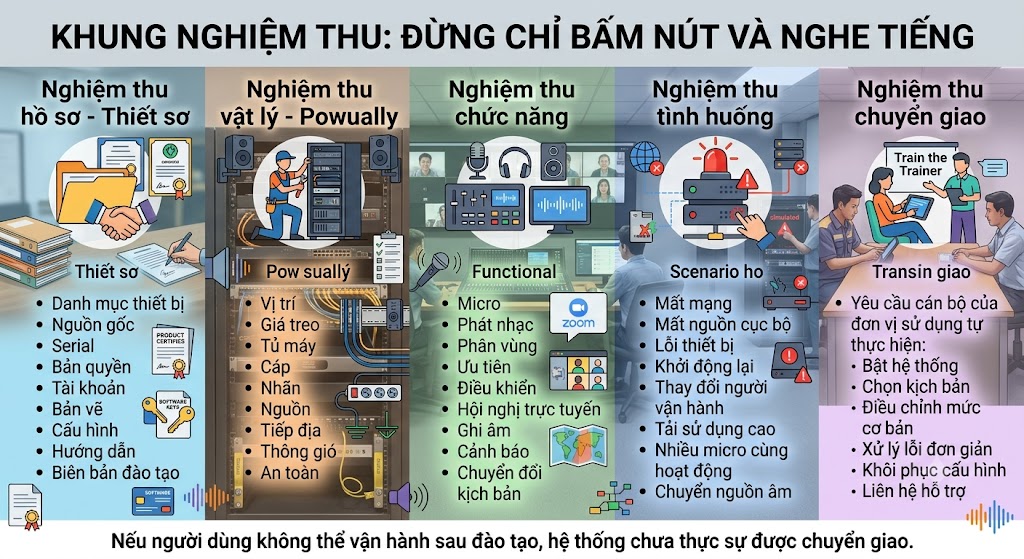 Hình ảnh kết hợp phong cách tả thực (realistic) và infographic đồ họa, trình bày 5 trụ cột của "Khung nghiệm thu". Cột 1 (Nghiệm thu hồ sơ) minh họa việc kiểm tra tài liệu, chứng nhận và file cấu hình. Cột 2 (Nghiệm thu vật lý) cảnh kỹ thuật viên đang thao tác đấu nối cáp tại tủ máy server rack thực tế. Cột 3 (Nghiệm thu chức năng) hình ảnh kỹ sư kiểm tra micro, giao diện hội nghị trực tuyến và bảng điều khiển. Cột 4 (Nghiệm thu tình huống) mô phỏng các bài test khắc nghiệt như rút cáp mạng, báo động đỏ, lỗi thiết bị. Cột 5 (Nghiệm thu chuyển giao) cảnh chuyên gia đang hướng dẫn (Train the Trainer) cho cán bộ của chủ đầu tư thao tác trực tiếp trên thiết bị. Dưới cùng là thông điệp nhấn mạnh: "Nếu người dùng không thể vận hành sau đào tạo, hệ thống chưa thực sự được chuyển giao."