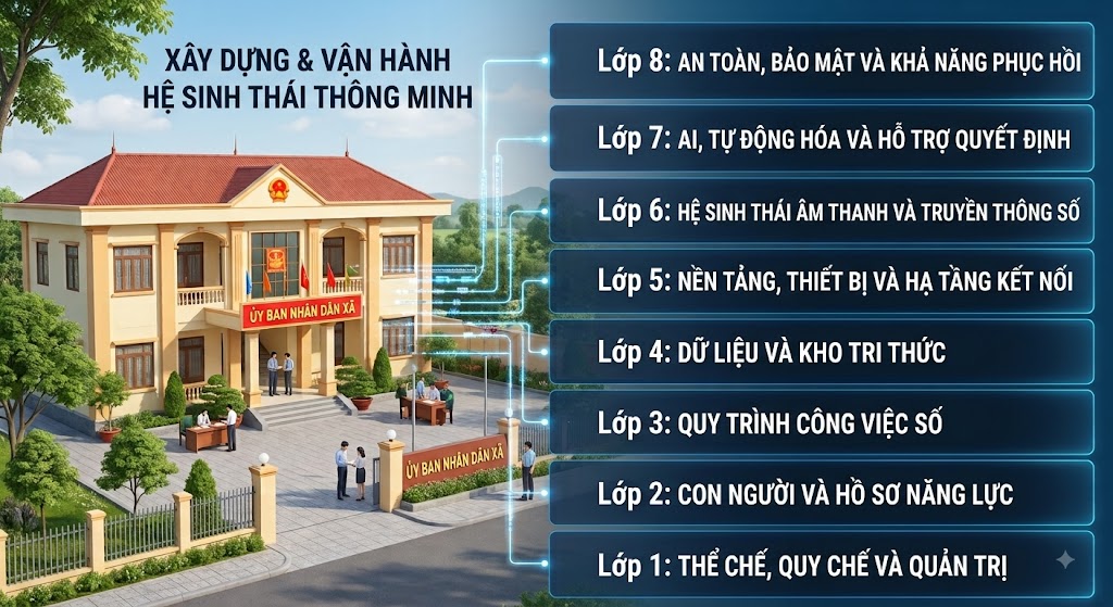 Sơ đồ đồ họa hiện đại minh họa kiến trúc 8 lớp của hệ sinh thái số trên nền hình ảnh trụ sở Ủy ban nhân dân thực tế. Các lớp được sắp xếp từ dưới lên trên bao gồm: (1) Thể chế, quy chế; (2) Con người; (3) Quy trình công việc; (4) Dữ liệu và tri thức; (5) Nền tảng hạ tầng; (6) Hệ sinh thái âm thanh truyền thông; (7) AI tự động hóa; (8) An toàn bảo mật.