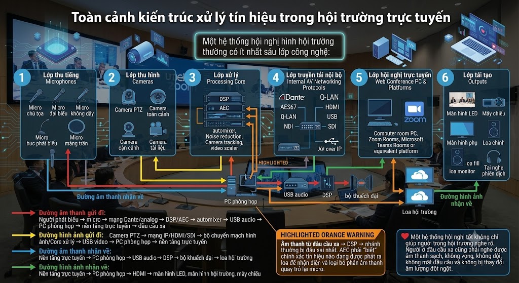 Đồ họa thông tin dạng sơ đồ phân lớp và luồng tín hiệu trong một hội trường trực tuyến lớn. Sơ đồ chia làm 6 khối công nghệ chính: 1. Thu tiếng (Micro các loại); 2. Thu hình (Camera PTZ/Toàn cảnh); 3. Xử lý (DSP, AEC, Automixer); 4. Truyền tải nội bộ (Dante, AV over IP); 5. Hội nghị trực tuyến (Room PC, Zoom/Teams Rooms); 6. Tái tạo (Màn hình LED, Loa các loại). Các mũi tên màu thể hiện rõ 5 đường đi: Âm thanh/Hình ảnh gửi đi, Âm thanh/Hình ảnh nhận về, và quan trọng nhất là "Đường tham chiếu AEC" với cảnh báo "thường bị đấu sai nhất" để triệt echo. Phần trung tâm nhấn mạnh vai trò của Core xử lý và kết nối USB/mạng. Chân trang có cảnh báo đồng bộ và chốt thông điệp về trải nghiệm âm thanh sạch