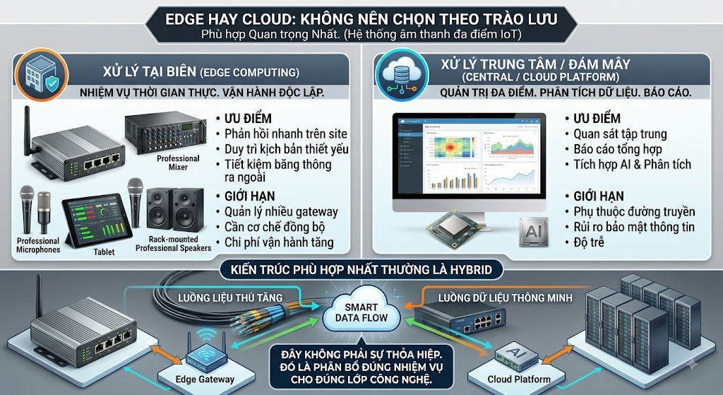 Sơ đồ trực quan so sánh hai mô hình xử lý dữ liệu IoT trong âm thanh đa điểm. Nửa bên trái là kiến trúc Biên (Edge Computing) minh họa bằng các Gateway cục bộ và thiết bị âm thanh trực tiếp. Nửa bên phải là Đám mây (Cloud Platform) minh họa bằng máy chủ lưu trữ và màn hình biểu đồ phân tích. Phía dưới là mô hình kết hợp (Hybrid) thể hiện luồng dữ liệu thông minh luân chuyển giữa thiết bị biên và trung tâm đám mây.