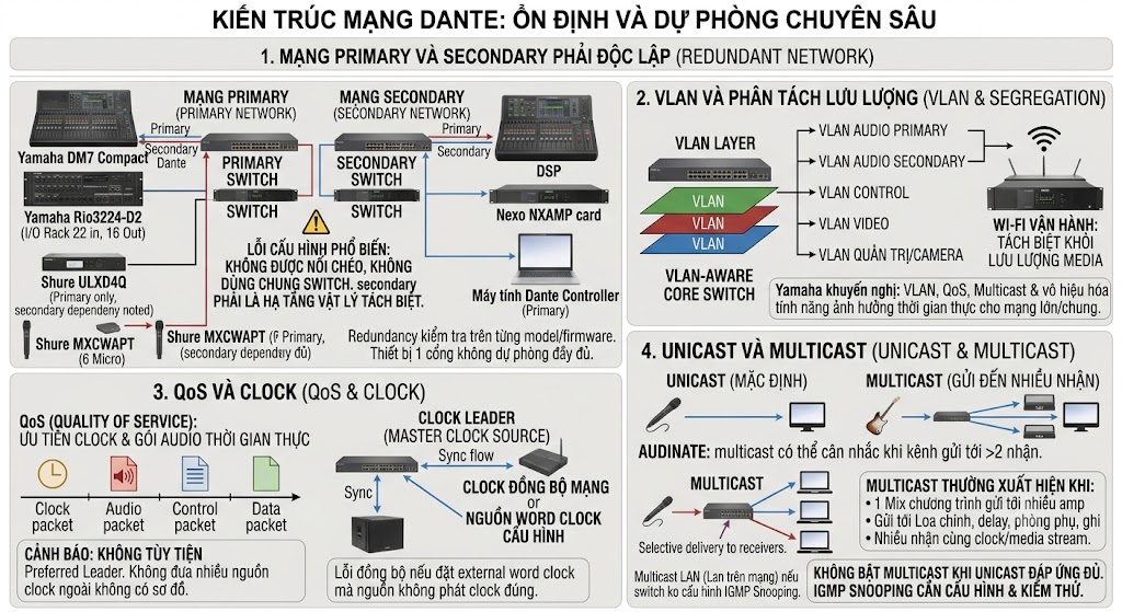 Sơ đồ kỹ thuật chi tiết chia làm 4 phần giải thích các nguyên lý cốt lõi của mạng Audio over IP chuẩn Dante: (1) Thiết lập tách biệt vật lý mạng Primary và Secondary, (2) Phân tách lưu lượng bằng VLAN layer, (3) Ưu tiên QoS và đồng bộ Clock Leader, (4) Sự khác biệt và điều kiện ứng dụng giữa luồng Unicast và Multicast. Hình ảnh bao gồm các cảnh báo lỗi cấu hình mạng phổ biến theo khuyến nghị từ Yamaha và Audinate.