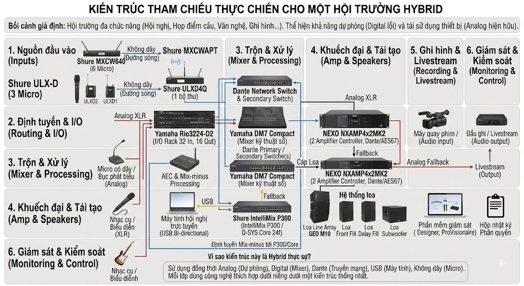 Bản vẽ sơ đồ khối chi tiết thể hiện luồng tín hiệu (Signal Flow) tổng thể của một hội trường Hybrid đa chức năng. Hình ảnh minh họa sự kết nối đồng bộ giữa các thiết bị tiêu chuẩn như Micro Shure (MXCW640, ULX-D), I/O Rack Yamaha Rio3224-D2, Mixer kỹ thuật số Yamaha DM7 Compact, bộ xử lý DSP (Shure IntelliMix P300/Q-SYS Core 24f) thông qua hạ tầng mạng Dante, và xuất ra hệ thống amply NEXO NXAMP4x2MK2 cùng cụm loa Line Array GEO M10, có bao gồm đường truyền Analog dự phòng (fallback).
