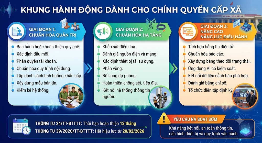 Đồ họa thông tin trình bày lộ trình 3 giai đoạn dành cho chính quyền cấp xã. Giai đoạn 1: Chuẩn hóa quản trị (ban hành quy chế, phân quyền). Giai đoạn 2: Chuẩn hóa hạ tầng (khảo sát, phân vùng, bổ sung dự phòng). Giai đoạn 3: Nâng cao năng lực điều hành (tích hợp bảng tin, ứng dụng AI, đánh giá chỉ số). Khối bên dưới nhấn mạnh thời hạn hoàn thiện 12 tháng theo Thông tư 24 và mốc Thông tư 39 hết hiệu lực vào ngày 20/02/2026, kèm cảnh báo yêu cầu rà soát sớm hệ thống.