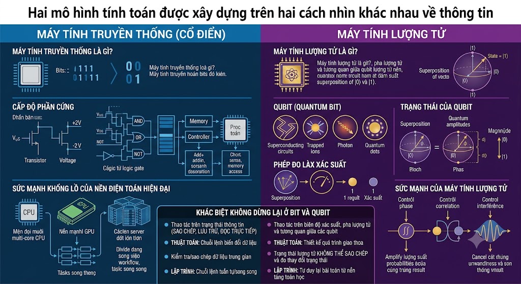 Đồ họa thông tin (infographic) chia làm hai phần đối chiếu. Nửa bên trái là kiến trúc máy tính truyền thống, minh họa sơ đồ cổng logic (AND, OR, NOT), luồng xử lý bit (0 và 1) và sức mạnh của hệ thống CPU/GPU đa lõi. Nửa bên phải là máy tính lượng tử, minh họa trạng thái Qubit thông qua mặt cầu Bloch (chồng chập 0 và 1), phép đo xác suất và sự giao thoa pha lượng tử. Bảng phía dưới tóm tắt 4 điểm khác biệt cốt lõi về logic thao tác, thuật toán, khả năng sao chép dữ liệu trung gian và tư duy lập trình.