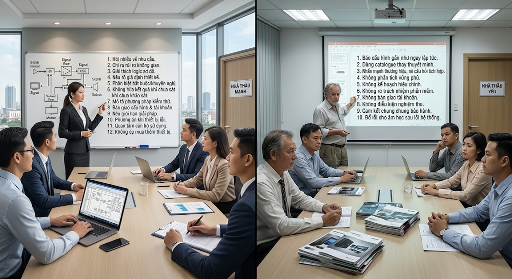 Hình ảnh tả thực (realistic) chia làm hai nửa đối lập trong bối cảnh phòng họp. Nửa bên trái ("Nhà thầu mạnh") thể hiện một chuyên gia đang tự tin thuyết trình trước bảng trắng có vẽ chi tiết sơ đồ luồng tín hiệu (signal flow), kèm danh sách 12 hành vi chuyên nghiệp như: hỏi nhiều về nhu cầu, chỉ ra rủi ro, phân biệt điều bắt buộc/khuyến nghị. Nửa bên phải ("Nhà thầu yếu") bộc lộ sự thiếu chuyên nghiệp khi người trình bày chỉ dùng máy chiếu hiện catalogue sản phẩm, trên bàn chất đống catalogue thay vì bản vẽ kỹ thuật, kèm danh sách 10 dấu hiệu cảnh báo như: báo cấu hình ngay lập tức, không phân tích vùng phủ, đổ lỗi cho âm học. Hội đồng đánh giá ở hai bên có biểu cảm tương phản: tin tưởng ở bên trái và hoài nghi ở bên phải.