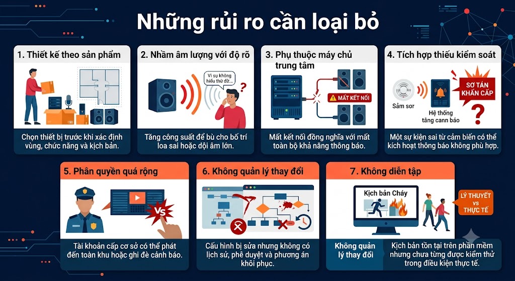 Một đồ họa thông tin so sánh và cảnh báo về 7 sai lầm phổ biến cần loại bỏ trong thiết kế và vận hành hệ thống âm thanh, bao gồm: 1. Thiết kế dựa trên sản phẩm, 2. Nhầm âm lượng với độ rõ, 3. Phụ thuộc máy chủ trung tâm, 4. Tích hợp cảm biến thiếu kiểm soát, 5. Phân quyền người dùng quá rộng, 6. Thiếu quản lý thay đổi cấu hình, và 7. Không diễn tập kịch bản thực tế. Đồ họa phẳng rõ ràng với nền tối và các ô màu để làm nổi bật thông tin.