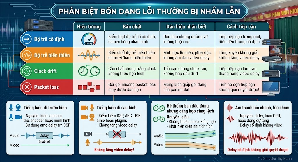 Đồ họa thông tin chia làm hai phần chính. Phần trên là bảng so sánh 4 dạng lỗi: Độ trễ cố định, Độ trễ biến thiên, Clock drift, và Packet loss, với các cột chi tiết về Bản chất, Dấu hiệu và Cách tiếp cận. Phần dưới phân tích 4 tình huống thực tế thường gặp: Tiếng đi trước hình, Tiếng đi sau hình (kèm cảnh báo không tăng video delay), Hệ thống ban đầu đúng nhưng lệch dần về sau (do khác xung nhịp clock), và Âm thanh lúc nhanh lúc chậm (do jitter hoặc buffer). Các minh họa đi kèm giúp hình tượng hóa từng loại lỗi.