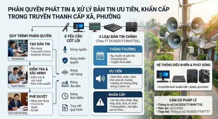 Đồ họa thông tin minh họa quy trình phân quyền phát tin tại đài truyền thanh cấp xã. Nền là cụm loa nén thực tế treo trên cột điện tại khu dân cư. Nội dung hiển thị sơ đồ vận hành với 3 bước phân quyền (Tạo bản tin - Kiểm tra - Phê duyệt), 6 yêu cầu cốt lõi (đúng nguồn, đúng thẩm quyền, đúng nội dung, đúng địa bàn, đúng thời điểm, truy vết), và 3 loại bản tin (Thông thường, Ưu tiên, Khẩn cấp). Sơ đồ có minh họa thiết bị điều khiển thực tế như micro, bàn mixer và máy chủ.