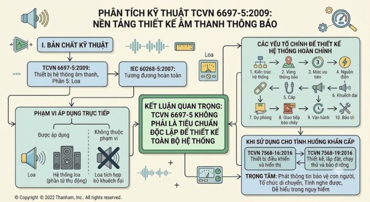 Infographic nền sáng trình bày sơ đồ phân tích kỹ thuật tiêu chuẩn TCVN 6697-5:2009. Bắt đầu từ "I. Bản chất kỹ thuật", làm rõ phạm vi áp dụng (chỉ áp dụng cho loa thụ động, không áp dụng cho loa tích hợp amply). Nhấn mạnh "KẾT LUẬN QUAN TRỌNG: TCVN 6697-5