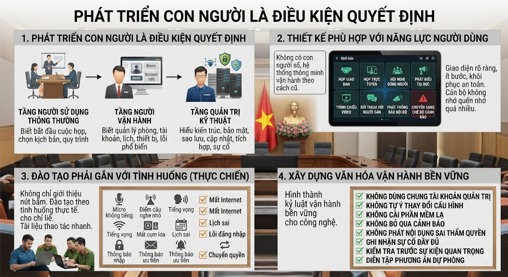 Bảng thông tin đồ họa đặt trên bối cảnh phòng họp Ủy ban nghiêm trang. Nội dung chia làm 4 phần cốt lõi về yếu tố con người trong vận hành hệ thống: (1) Ba tầng năng lực người dùng (Sử dụng, Vận hành, Quản trị); (2) Thiết kế giao diện trực quan theo kịch bản (giao ban, trực tuyến, phát biểu); (3) Đào tạo dựa trên tình huống sự cố thực tế; (4) Nguyên tắc xây dựng văn hóa vận hành và bảo mật bền vững.