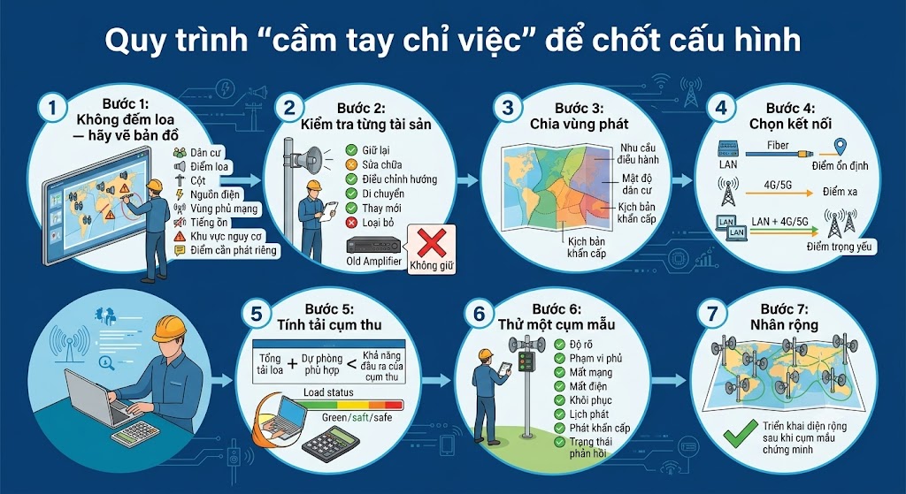 Infographic trực quan hóa quy trình 7 bước thiết kế và triển khai hệ thống truyền thanh. Bước 1: Khảo sát và vẽ bản đồ kỹ thuật số thay vì chỉ đếm loa. Bước 2: Kiểm tra phân loại tài sản cũ, nhấn mạnh việc loại bỏ amply trung tâm. Bước 3: Phân chia vùng phát linh hoạt. Bước 4: Lựa chọn đường truyền mạng LAN hoặc 4G/5G. Bước 5: Tính toán kỹ lưỡng mức chịu tải của cụm thu. Bước 6: Lắp đặt và test thực tế một cụm mẫu. Bước 7: Nhân rộng đồng loạt sau khi cụm mẫu đạt tiêu chuẩn.