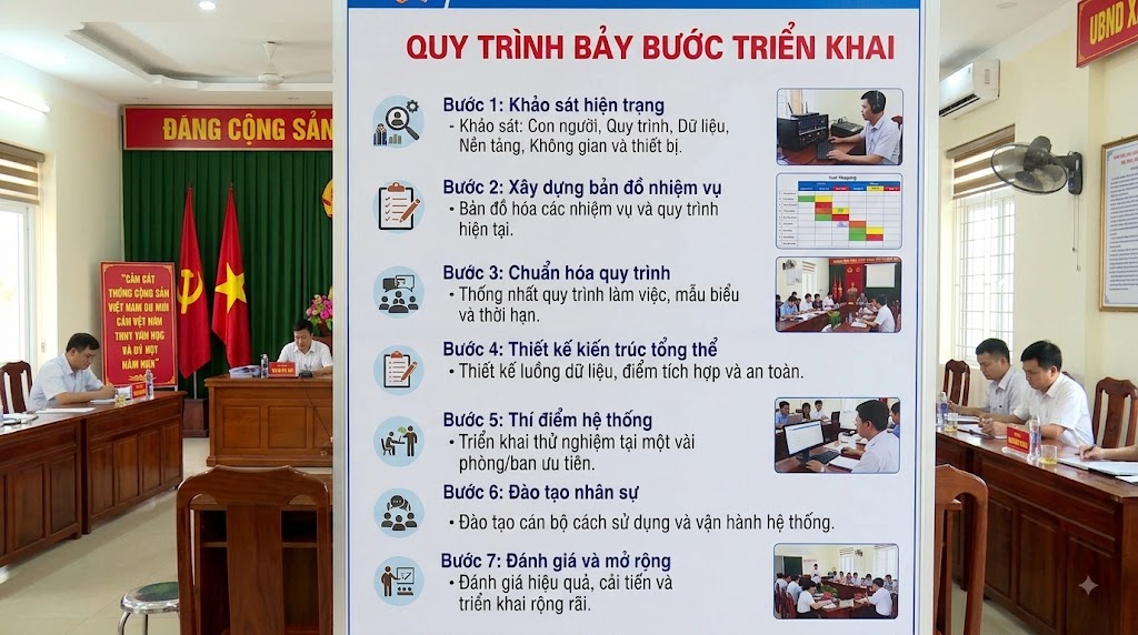 Bảng thông tin (standee) đặt trong không gian phòng họp thực tế của Ủy ban nhân dân xã, trình bày rõ ràng quy trình 7 bước triển khai hệ sinh thái số bao gồm: Khảo sát hiện trạng, Xây dựng bản đồ nhiệm vụ, Chuẩn hóa quy trình, Thiết kế kiến trúc tổng thể, Thí điểm hệ thống, Đào tạo nhân sự, và Đánh giá mở rộng.