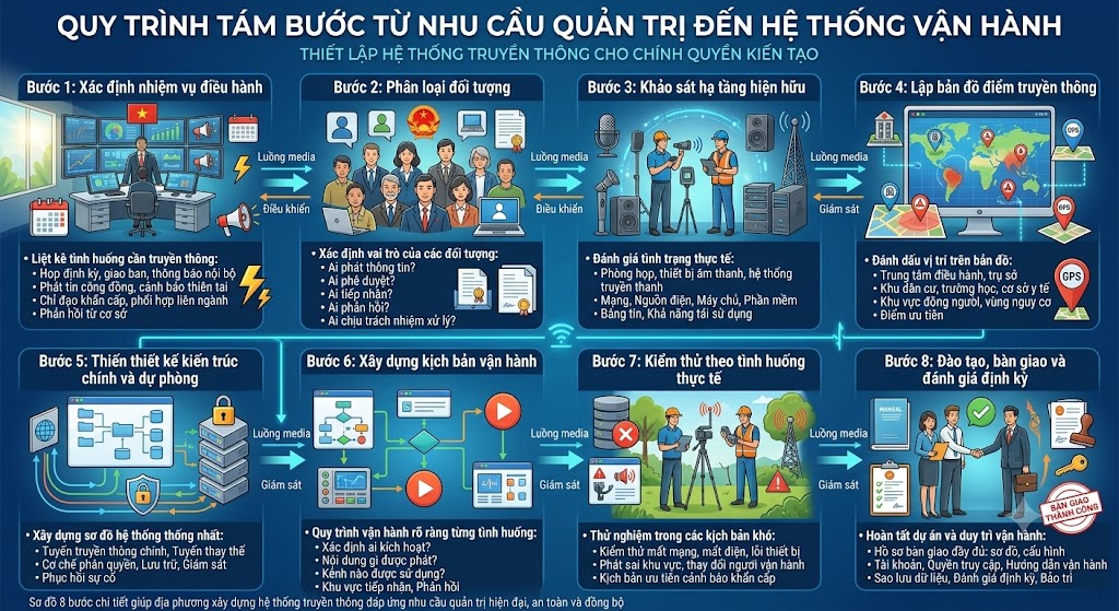 Infographic minh họa chi tiết 8 bước triển khai hạ tầng truyền thông cho chính quyền kiến tạo. Bao gồm: 1. Xác định nhiệm vụ điều hành; 2. Phân loại đối tượng; 3. Khảo sát hạ tầng hiện hữu; 4. Lập bản đồ điểm truyền thông; 5. Thiết kế kiến trúc chính và dự phòng; 6. Xây dựng kịch bản vận hành; 7. Kiểm thử theo tình huống thực tế; 8. Đào tạo, bàn giao và đánh giá định kỳ. Các bước được liên kết với nhau bằng mũi tên luồng điều khiển và luồng media trực quan.