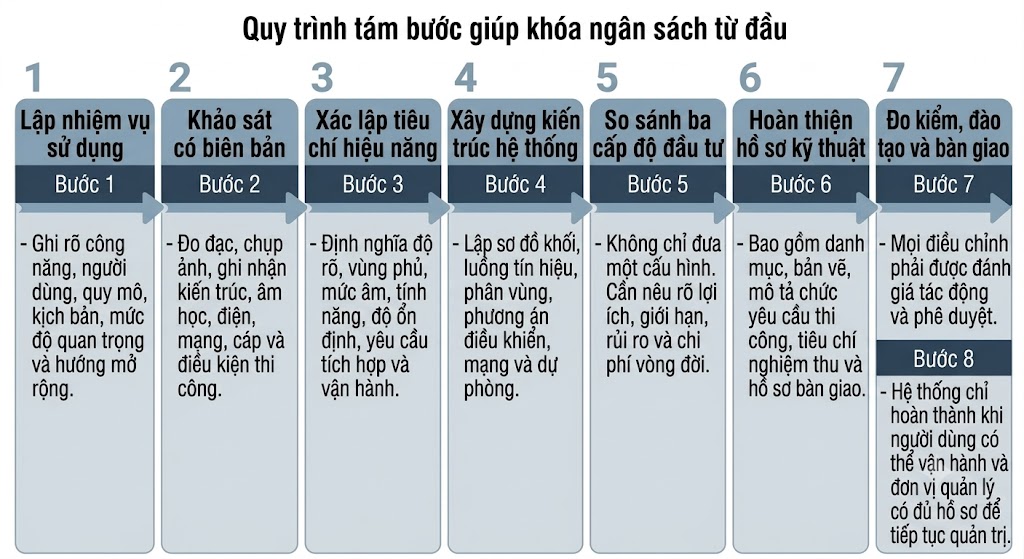 Đồ họa thông tin dạng bảng ngang trình bày quy trình 8 bước quản lý dự án âm thanh, được chia thành 7 cột (bước 7 và 8 gộp ở cột cuối). Các bước đi từ: 1. Lập nhiệm vụ sử dụng; 2. Khảo sát có biên bản; 3. Xác lập tiêu chí hiệu năng; 4. Xây dựng kiến trúc hệ thống; 5. So sánh ba cấp độ đầu tư; 6. Hoàn thiện hồ sơ kỹ thuật; 7. Thi công có kiểm soát; và 8. Đo kiểm, đào tạo, bàn giao. Mỗi cột ghi chú rõ ràng các hành động bắt buộc trong từng giai đoạn