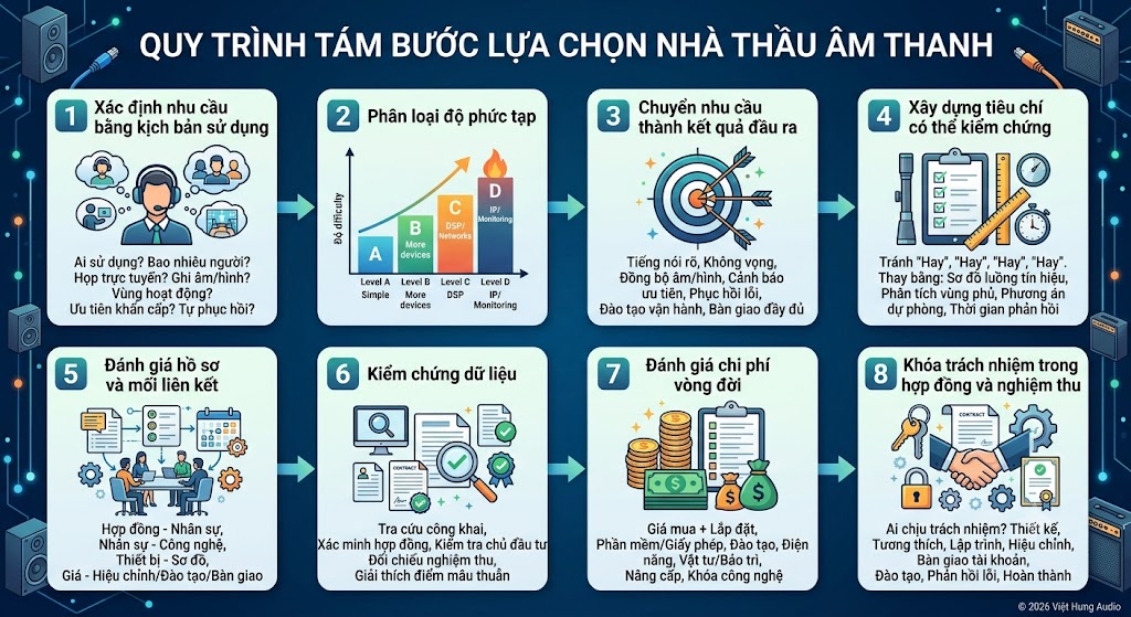 nfographic trực quan trình bày chi tiết quy trình 8 bước lựa chọn nhà thầu âm thanh. Bước 1: Xác định nhu cầu bằng kịch bản sử dụng. Bước 2: Phân loại độ phức tạp (A, B, C, D). Bước 3: Chuyển nhu cầu thành kết quả đầu ra. Bước 4: Xây dựng tiêu chí có thể kiểm chứng. Bước 5: Đánh giá hồ sơ và mối liên kết. Bước 6: Kiểm chứng dữ liệu. Bước 7: Đánh giá chi phí vòng đời. Bước 8: Khóa trách nhiệm trong hợp đồng và nghiệm thu. Mỗi bước đều có biểu tượng đồ họa minh họa và tóm tắt các điểm trọng tâm cần lưu ý.