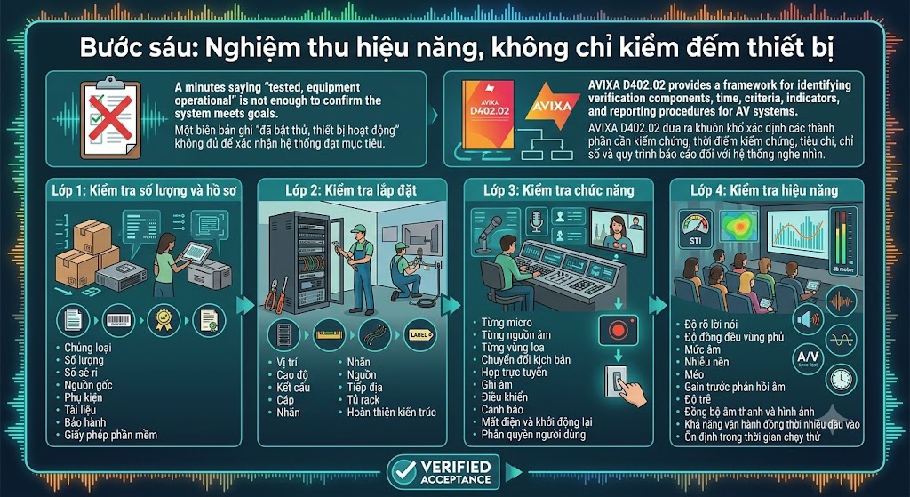 Một infographic kỹ thuật dạng sơ đồ dòng chảy, được chia thành 4 lớp lớn cho 'Bước sáu: Nghiệm thu hiệu năng, không chỉ kiểm đếm thiết bị'. Các phần bao gồm: Bối cảnh cảnh báo (icons biên bản sai và AVIXA logo/sách); Lớp 1. Kiểm tra số lượng và hồ sơ (icons đếm hàng, giấy phép); Lớp 2. Kiểm tra lắp đặt (icons kỹ thuật viên, tủ rack, nhãn); Lớp 3. Kiểm tra chức năng (icons operator, họp trực tuyến, kịch bản); Lớp 4. Kiểm tra hiệu năng (icons thính giả, biểu đồ STI, mức âm, nhiễu, đồng bộ A/V). Chân trang có huy hiệu 'VERIFIED ACCEPTANCE'. Nền là mạng lưới sound waves và data.