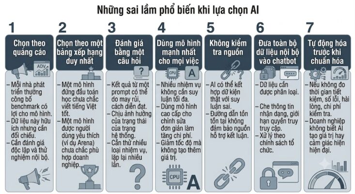 Đồ họa thông tin dạng bảng quy trình ngang, trình bày tuần tự các sai lầm khi chọn AI: 1. Chọn theo quảng cáo; 2. Chọn theo một bảng xếp hạng duy nhất; 3. Đánh giá bằng một câu hỏi; 4. Dùng mô hình mạnh nhất cho mọi việc; 5. Không kiểm tra nguồn; 6. Đưa toàn bộ dữ liệu nội bộ vào chatbot; 7. Tự động hóa trước khi chuẩn hóa và không đo hiệu quả.