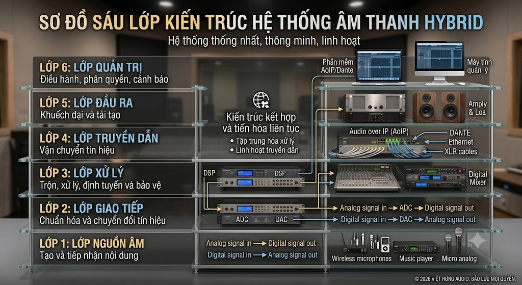 Infographic photorealistic mô tả sơ đồ khối sáu lớp của một hệ thống âm thanh Hybrid. Bên trái liệt kê 6 lớp theo chiều dọc: Lớp 1 (Nguồn âm), Lớp 2 (Giao tiếp), Lớp 3 (Xử lý), Lớp 4 (Tru truyền dẫn), Lớp 5 (Đầu ra), Lớp 6 (Quản trị), kèm theo mô tả tiếng Việt. Bên phải là mô phỏng 3D của tủ rack thiết bị và sơ đồ dòng tín hiệu chi tiết: nguồn âm Analog, bộ chuyển đổi ADC/DAC, thiết bị DSP, Digital Mixer, Switch mạng kết nối mạng Audio over IP (AoIP) thông qua Dante và Ethernet. Một sơ đồ logic hiển thị luồng tín hiệu Analog và Digital đi qua ADC, DAC, DSP và mạng truyền dẫn. Tóm tắt trung tâm nhấn mạnh "Kiến trúc kết hợp và tiến hóa liên tục", "Tập trung hóa xử lý", "Linh hoạt truyền dẫn". Phần đầu trang có tiêu đề "Sơ đồ sáu lớp kiến trúc hệ thống âm thanh Hybrid" và "Hệ thống thống nhất, thông minh, linh hoạt"
