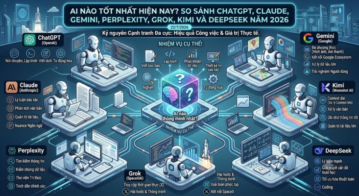 Đồ họa thông tin minh họa hệ sinh thái AI năm 2026 với 7 nền tảng lớn: ChatGPT (OpenAI), Claude (Anthropic), Gemini (Google), Perplexity, Grok (SpaceXAI), Kimi (Moonshot AI) và DeepSeek. Ở trung tâm là một khối lập phương phát sáng mang câu hỏi "AI nào thông minh nhất?", tỏa ra các nhánh kết nối mạng lưới đến những robot đang thực hiện các nhiệm vụ chuyên biệt như: lập trình, viết báo cáo, tìm kiếm thông tin và phân tích dữ liệu. Tiêu đề phụ nhấn mạnh: "Kỷ nguyên cạnh tranh đa cực: Hiệu quả công việc & Giá trị thực tế".