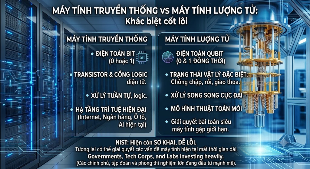 Đồ họa thông tin so sánh máy tính truyền thống và máy tính lượng tử. Bên trái là hình ảnh hệ thống máy chủ truyền thống đặc trưng cho điện toán Bit (0 hoặc 1), xử lý tuần tự qua transistor. Bên phải là hình ảnh hệ thống làm lạnh "đèn chùm" của máy tính lượng tử đặc trưng cho điện toán Qubit, xử lý thông tin qua trạng thái chồng chập và rối lượng tử. Thiết kế mang phong cách công nghệ cao (hi-tech), nội dung chữ cô đọng.