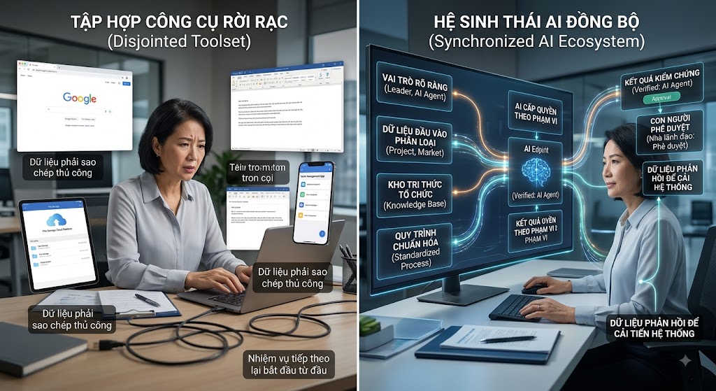 Hình ảnh tả thực chia làm hai nửa để so sánh. Nửa bên trái là một nữ nhân sự đang căng thẳng xử lý công việc với nhiều thiết bị và màn hình rời rạc, dữ liệu phải sao chép thủ công, dây cáp lộn xộn. Nửa bên phải là nhân sự đó đang làm việc điềm tĩnh, hiệu quả trên một hệ sinh thái AI đồng bộ. Màn hình bên phải hiển thị sơ đồ liên kết dữ liệu mượt mà với các tiêu chí: vai trò rõ ràng, phân loại dữ liệu đầu vào, kho tri thức, quy trình chuẩn hóa, kết quả kiểm chứng và con người phê duyệt.