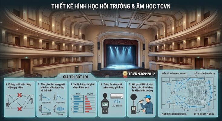 Đồ họa thông tin tối giản hiển thị tiêu chuẩn âm học TCVN 9369:2012 trên nền hình ảnh một nhà hát/hội trường lớn sang trọng. Phía dưới là 5 giá trị cốt lõi được biểu diễn trực quan: Không dội âm, Thời gian âm vang, Sai lệch thực tế, Tiếng ồn nền, và Đo kiểm hiện trường kèm sơ đồ mặt bằng phản xạ âm thanh.