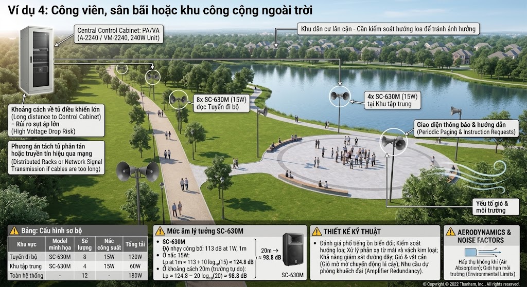 Sơ đồ 3D toàn cảnh một công viên rộng lớn với hồ nước, tuyến đi bộ dài và khu tập trung trung tâm, có khu dân cư lân cận phía xa. Sơ đồ minh họa hệ thống âm thanh thông báo PA ngoài trời gồm 12 loa nén TOA SC-630M (nấc 15W). Trong đó, 8 loa được bố trí dọc tuyến đi bộ và 4 loa tại khu tập trung. Góc trái hiển thị tủ điều khiển trung tâm (chứa amply A-2240 hoặc VM-2240 240W) kèm cảnh báo rủi ro sụt áp do đường cáp dài. Bảng chú thích phía dưới thể hiện cấu hình 180W, công thức tính mức áp suất âm lý tưởng (98.8dB tại 20m) và các yếu tố môi trường cần lưu ý như gió, hấp thụ không khí.