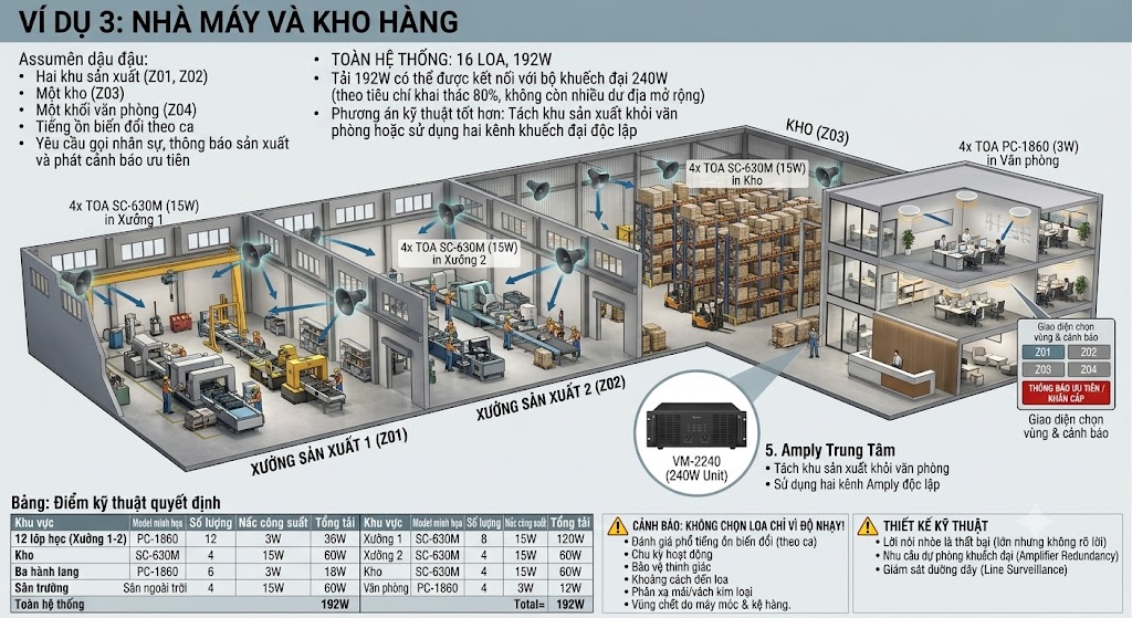 Sơ đồ kiến trúc 3D mặt cắt khu công nghiệp gồm hai xưởng sản xuất, một kho hàng chứa kệ pallet và một khối văn phòng hai tầng. Hệ thống âm thanh thông báo chia làm 4 vùng: Xưởng 1 (Z01), Xưởng 2 (Z02), Kho (Z03) và Văn phòng (Z04). Khu vực sản xuất và kho được trang bị tổng cộng 12 loa nén TOA SC-630M (nấc 15W) hướng trực tiếp vào khu làm việc. Khối văn phòng sử dụng 4 loa âm trần TOA PC-1860 (3W). Tủ trung tâm đặt amply TOA VM-2240 (240W) gánh tổng tải 192W. Hình ảnh kèm theo bảng lưu ý kỹ thuật về cách đánh giá phổ tiếng ồn biến đổi, tránh vùng chết do máy móc và nguy cơ nhòe âm.