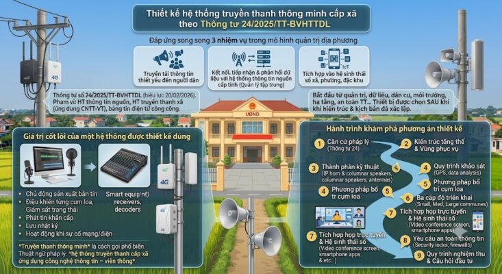 Đồ họa thông tin toàn cảnh về thiết kế hệ thống truyền thanh IP cấp xã. Nền là hình ảnh chân thực của trụ sở UBND xã kết hợp không gian nông thôn. Bố cục thể hiện 3 nhiệm vụ cốt lõi, minh họa thiết bị điều khiển thực tế (mixer, micro, cụm loa nén, bộ thu 4G gắn cột điện) và sơ đồ dòng chảy 9 bước trong hành trình khám phá phương án thiết kế từ căn cứ pháp lý đến quy trình nghiệm thu.