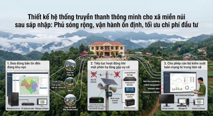 Đồ họa thông tin toàn cảnh về hệ thống truyền thanh IP xã miền núi. Nền ảnh là trụ sở UBND xã và dãy núi trùng điệp. Sơ đồ minh họa ba năng lực: 1. Đưa đúng bản tin (server, bản đồ phân vùng cụm loa đến Thôn A, Bản B, Khe Stream); 2. Tiếp tục hoạt động khi sự cố (cụm loa nén dùng pin mặt trời, pin dự phòng, Integrated IP decoder); 3. Kiểm soát toàn mạng (màn hình dashboard, cán bộ vận hành, phần mềm quản lý). Sử dụng ảnh thực tế của thiết bị phần cứng và phần mềm.