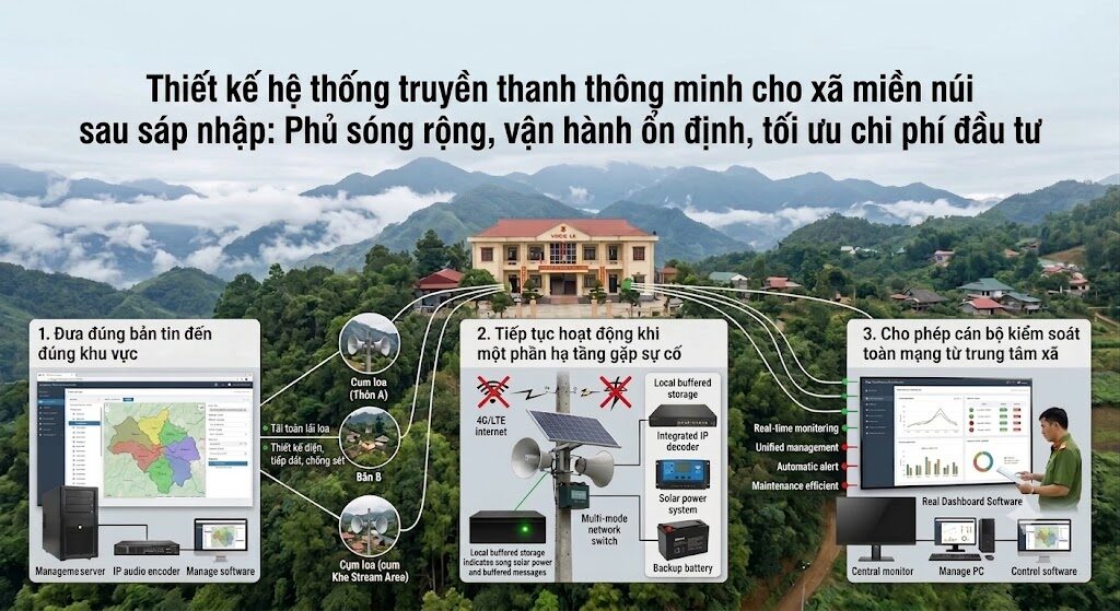 Đồ họa thông tin toàn cảnh về hệ thống truyền thanh IP xã miền núi. Nền ảnh là trụ sở UBND xã và dãy núi trùng điệp. Sơ đồ minh họa ba năng lực: 1. Đưa đúng bản tin (server, bản đồ phân vùng cụm loa đến Thôn A, Bản B, Khe Stream); 2. Tiếp tục hoạt động khi sự cố (cụm loa nén dùng pin mặt trời, pin dự phòng, Integrated IP decoder); 3. Kiểm soát toàn mạng (màn hình dashboard, cán bộ vận hành, phần mềm quản lý). Sử dụng ảnh thực tế của thiết bị phần cứng và phần mềm.