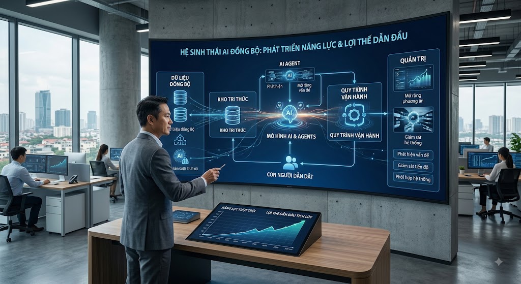 Hình ảnh tả thực một không gian làm việc hiện đại. Trung tâm là một nhà lãnh đạo đang phân tích sơ đồ "Hệ sinh thái AI đồng bộ" trên màn hình kỹ thuật số cỡ lớn. Sơ đồ minh họa các luồng kết nối chặt chẽ giữa: Dữ liệu đồng bộ, Kho tri thức, Mô hình AI & Agents, Quy trình vận hành và hệ thống Quản trị. Ở vị trí điều phối trung tâm của sơ đồ là "Con người dẫn dắt". Xung quanh phòng, các nhân sự khác đang làm việc trên hệ thống máy tính, thể hiện sự ứng dụng AI vào thực tế vận hành.