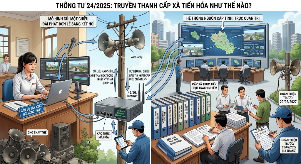 Đồ họa so sánh mô hình truyền thanh cấp xã. Bên trái minh họa đài phát analog cũ, hoạt động một chiều. Phần trung tâm và bên phải thể hiện mô hình mới ứng dụng CNTT-VT: luồng dữ liệu hai chiều qua 4G/Internet kết nối cụm loa với Hệ thống thông tin nguồn cấp tỉnh. Hình ảnh bao gồm cán bộ đang thao tác trên phần mềm quản lý, kỹ thuật viên kiểm tra mã hóa thiết bị, cùng các bộ hồ sơ quy trình vận hành, nhấn mạnh thời hạn chuyển tiếp hoàn thiện trước 20/02/2027.