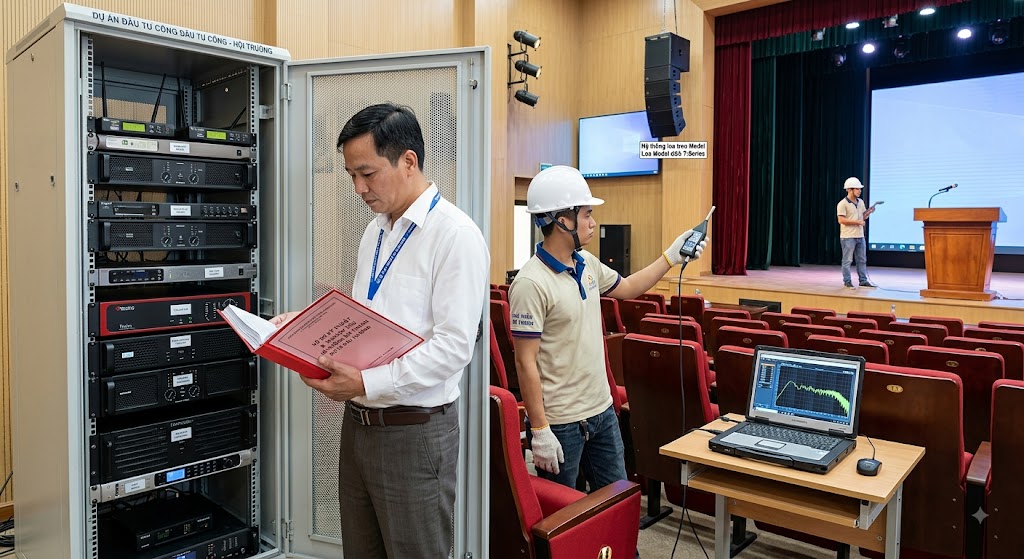 Hình ảnh chân thực về quá trình nghiệm thu dự án âm thanh tại một hội trường cơ quan nhà nước. Một cán bộ đang đối chiếu hồ sơ kỹ thuật với tủ rack trung tâm, trong khi các kỹ sư đang sử dụng máy đo âm học chuyên dụng (SPL meter) và phần mềm phân tích trên laptop để kiểm tra chất lượng phủ âm thực tế tại khu vực ghế ngồi đại biểu.
