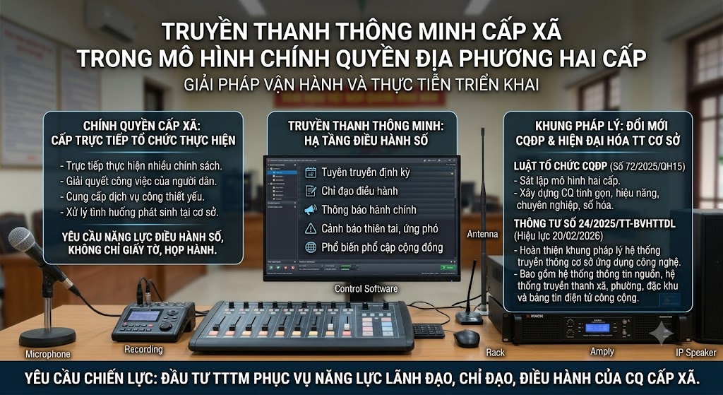 Đồ họa thông tin trình bày trên nền một phòng phát thanh xã thực tế. Nội dung chia làm 3 khối chính. Khối 1: Chính quyền cấp xã (nhấn mạnh vai trò trực tiếp giải quyết công việc). Khối 2: Truyền thanh thông minh (phần mềm điều khiển, phát thanh định kỳ, cảnh báo). Khối 3: Khung pháp lý (Luật Tổ chức CQĐP số 72/2025/QH15 và Thông tư số 24/2025/TT-BVHTTDL). Bên dưới là hình ảnh thực tế của micro, mixer, phần mềm điều khiển, amply và loa IP. Thông điệp chân trang: Đầu tư truyền thanh thông minh phục vụ trực tiếp năng lực lãnh đạo, chỉ đạo, điều hành.
