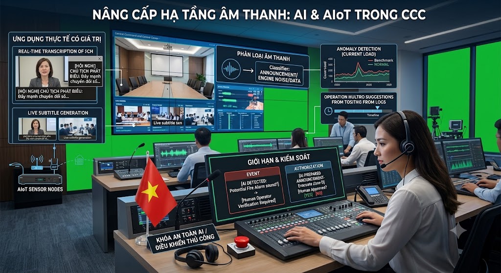 Hình ảnh tả thực một Trung tâm điều hành (CCC) hiện đại. Giao diện bên trái hiển thị tính năng AI chuyển đổi giọng nói thành văn bản (Real-time Transcription) và tạo phụ đề trực tiếp từ một cuộc họp công ty trực tuyến. Các màn hình trung tâm hiển thị thuật toán phân loại âm thanh, nhận diện tiếng ồn và phát hiện bất thường (Anomaly Detection). Giao diện điều khiển trước mặt nữ nhân viên nhấn mạnh tính năng "Giới hạn & Kiểm soát", trong đó hệ thống AI đưa ra cảnh báo nhưng yêu cầu con người xác nhận (Human Operator Verification Required) trước khi phát lệnh. Trên bàn điều khiển có đặt một lá cờ Việt Nam.