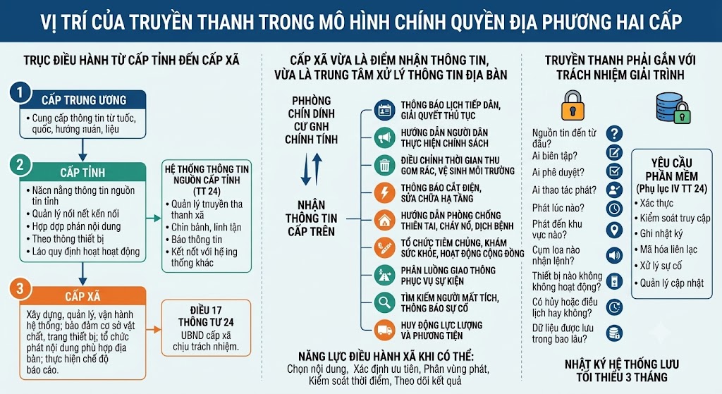 Đồ họa thông tin chia làm 3 cột. Cột 1: Sơ đồ trục điều hành từ Trung ương -> Tỉnh (Hệ thống thông tin nguồn) -> Xã (Điều 17 Thông tư 24). Cột 2: Danh sách 9 nhóm nội dung xử lý thông tin tại địa bàn cấp xã (Lịch tiếp dân, chính sách, rác thải, cắt điện, thiên tai...). Cột 3: Trách nhiệm giải trình (10 câu hỏi kiểm soát vận hành) và Yêu cầu phần mềm (Phụ lục IV Thông tư 24).