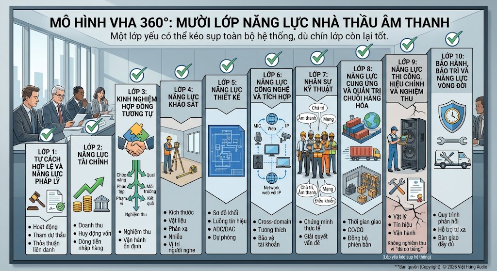 Một infographic kỹ thuật số chuyên nghiệp trình bày mô hình VHA 360° dưới dạng một chuỗi mười cột Interlocking (Interlocking stacked pillars) xếp ngang trên một bức tường display lớn trong một phòng họp hội đồng mua sắm công. Mỗi cột được đánh số từ 1 đến 10, có tiêu đề lớn bằng tiếng Việt, một biểu tượng icon minh họa chính, và các gạch đầu dòng chi tiết về nội dung cần đánh giá. Một vết nứt tinh tế xuất hiện trên cột "LỚP 9: NĂNG LỰC THI THÔNG, HIỆU CHỈNH VÀ NGHIỆM THU", minh họa cảnh báo: "(Lớp yếu kéo sụp hệ thống)" với dòng chữ nhỏ bên dưới. Bối cảnh phía sau là một phòng họp đánh giá hiện đại, với nhiều chuyên gia và cán bộ mua sắm đang xem xét màn hình và hồ sơ thầu.
