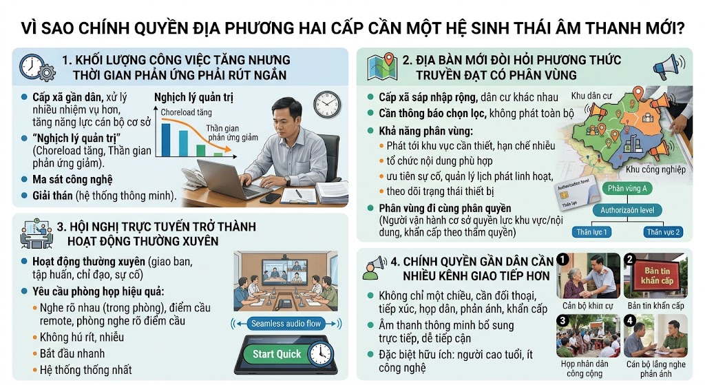 Bảng thông tin đồ họa trình bày 4 lý do chính quyền địa phương hai cấp cần nâng cấp hệ thống âm thanh: (1) Khối lượng công việc tăng đòi hỏi giảm "ma sát công nghệ"; (2) Địa bàn sáp nhập cần phương thức truyền thanh có phân vùng; (3) Hội nghị trực tuyến trở thành hoạt động thường xuyên; (4) Nhu cầu đa dạng hóa kênh giao tiếp với người dân. Hình ảnh sử dụng các tư liệu minh họa chân thực về cán bộ công chức, bản đồ phân vùng, phòng họp trực tuyến và các buổi tiếp xúc cử tri tại cơ sở.